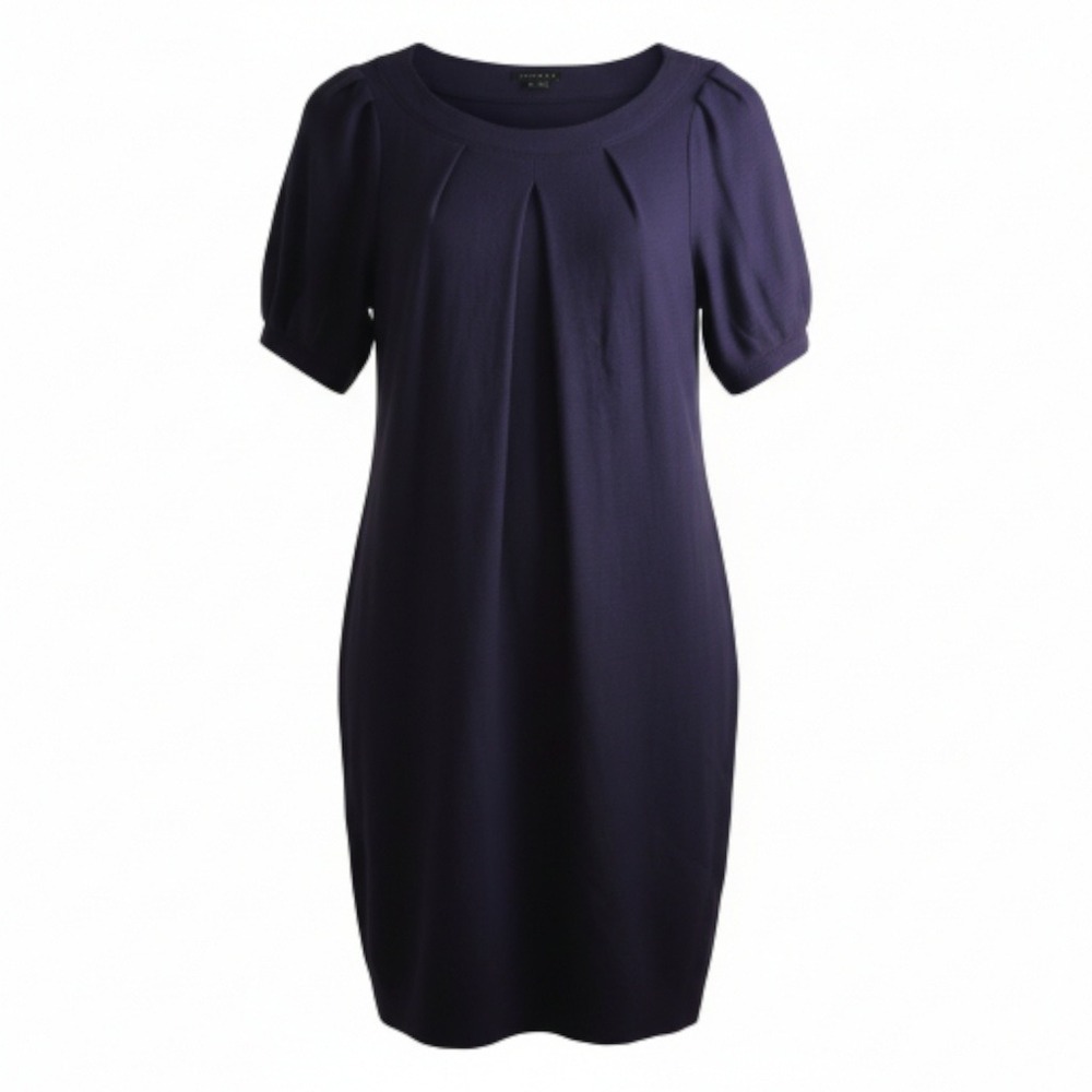 Quiet Luxury Wool Knit Office Chic Minimalist Dress Purple‎ Pleated Short Sleeve